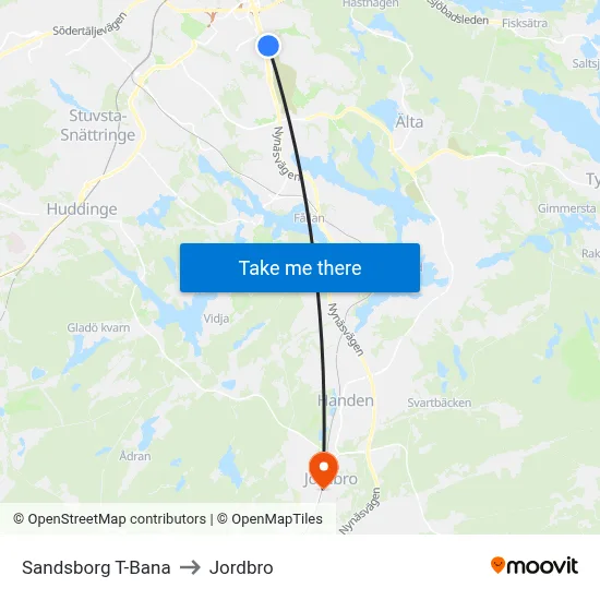 Sandsborg T-Bana to Jordbro map