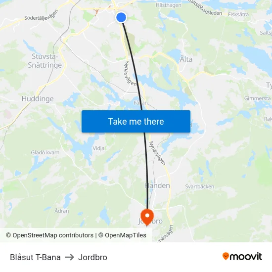 Blåsut T-Bana to Jordbro map