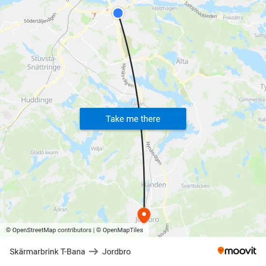 Skärmarbrink T-Bana to Jordbro map