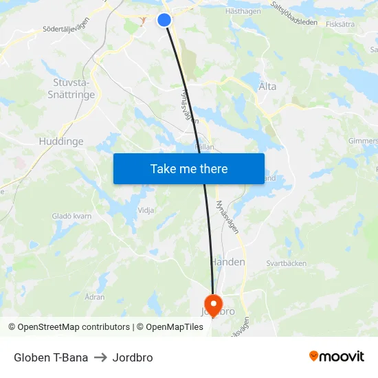 Globen T-Bana to Jordbro map