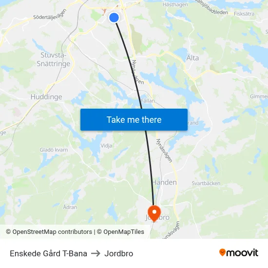 Enskede Gård T-Bana to Jordbro map