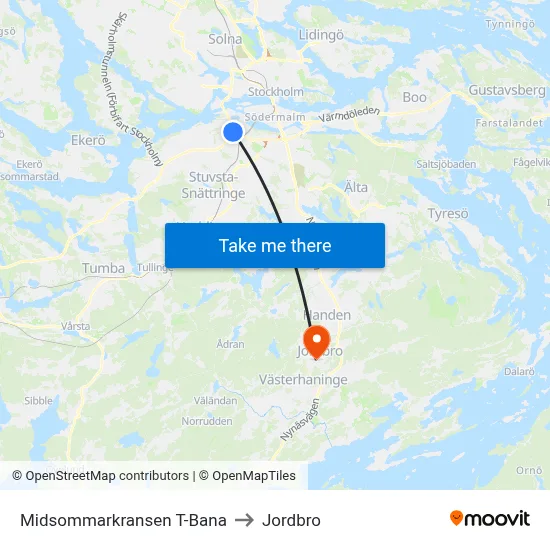 Midsommarkransen T-Bana to Jordbro map