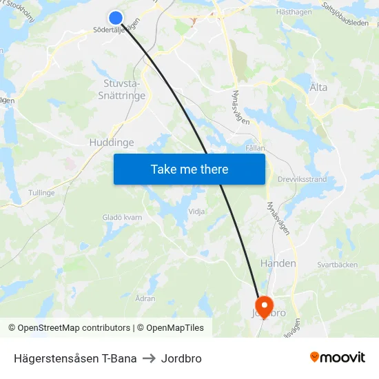 Hägerstensåsen T-Bana to Jordbro map