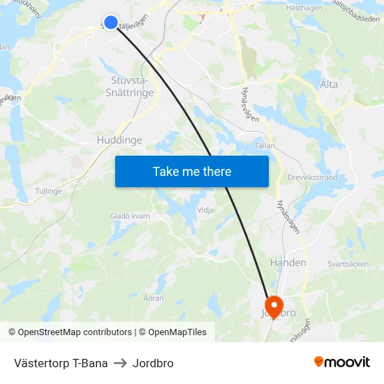 Västertorp T-Bana to Jordbro map