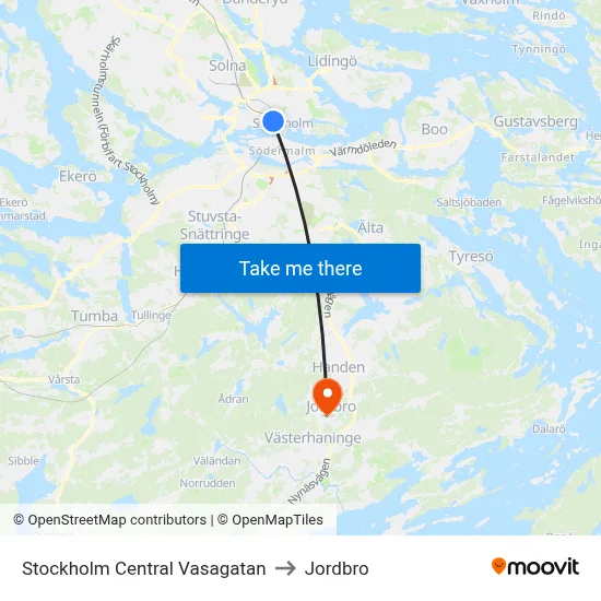 Stockholm Central Vasagatan to Jordbro map