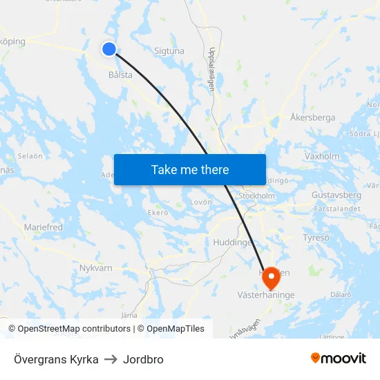 Övergrans Kyrka to Jordbro map