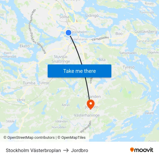 Stockholm Västerbroplan to Jordbro map