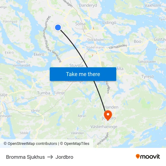 Bromma Sjukhus to Jordbro map