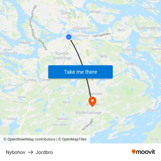 Nybohov to Jordbro map