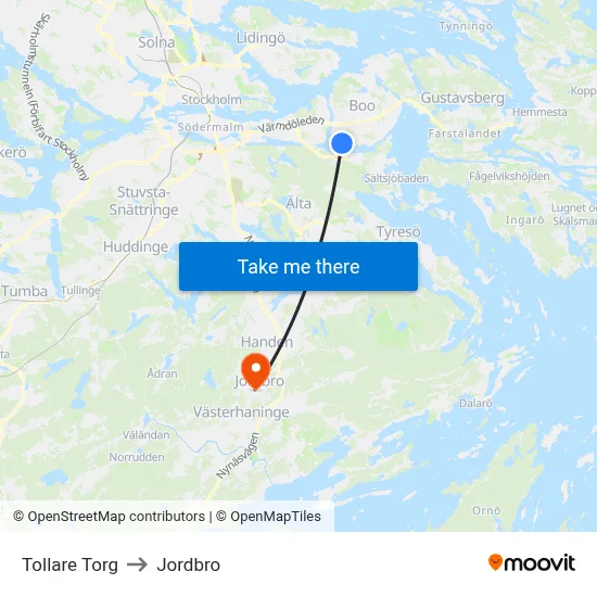 Tollare Torg to Jordbro map
