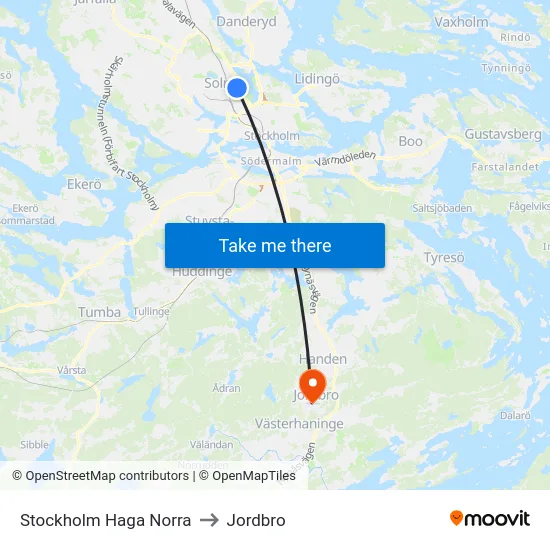Stockholm Haga Norra to Jordbro map