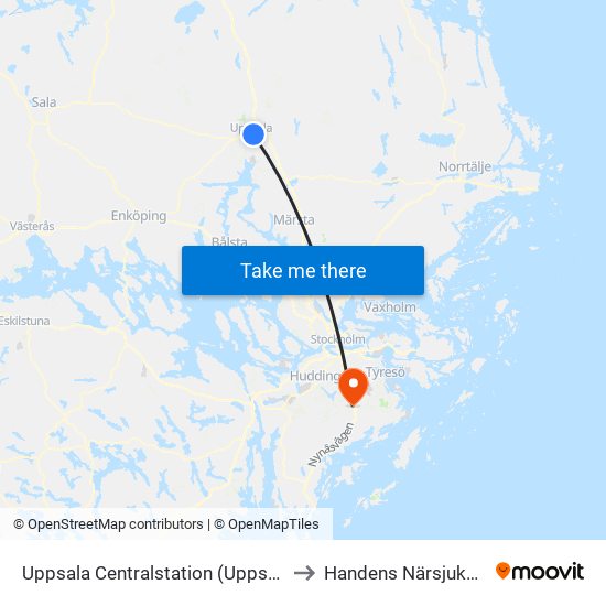 Uppsala Centralstation (Uppsala) to Handens Närsjukhus map