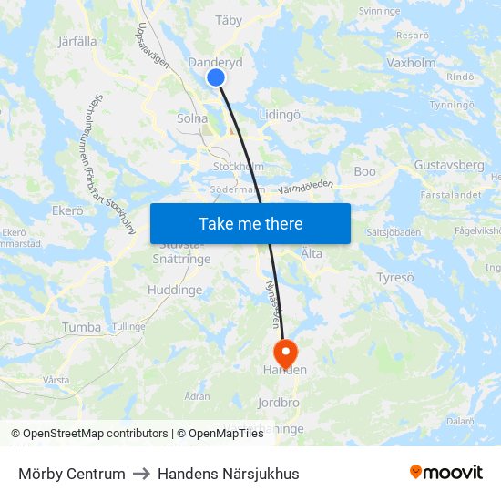 Mörby Centrum to Handens Närsjukhus map