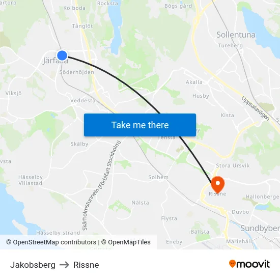 Jakobsberg to Rissne map