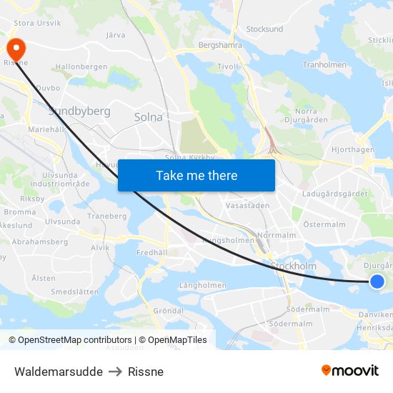 Waldemarsudde to Rissne map
