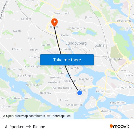 Alléparken to Rissne map