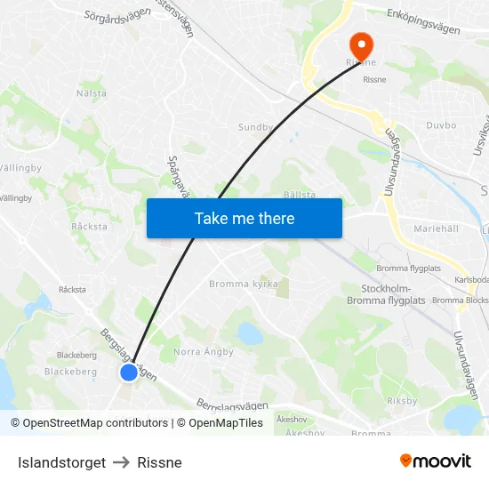 Islandstorget to Rissne map