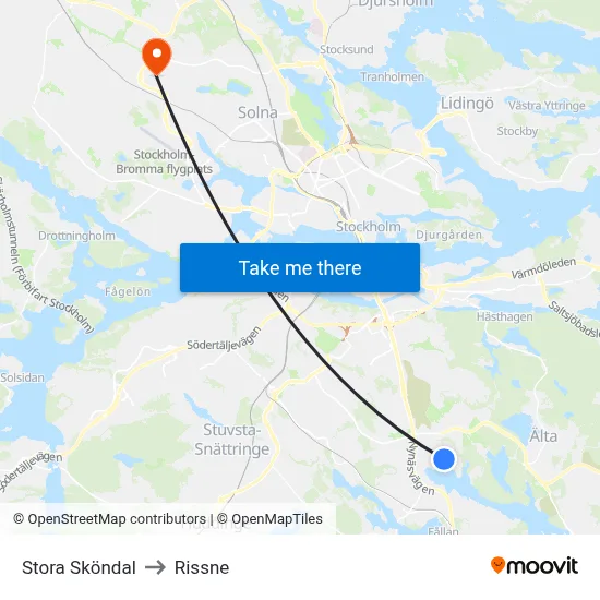 Stora Sköndal to Rissne map