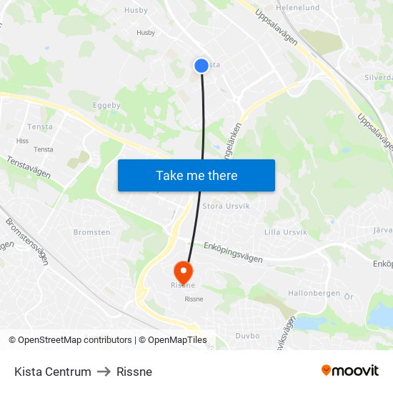 Kista Centrum to Rissne map