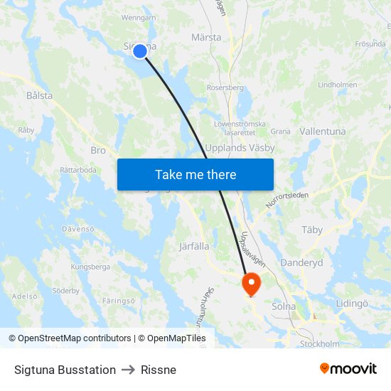 Sigtuna Busstation to Rissne map