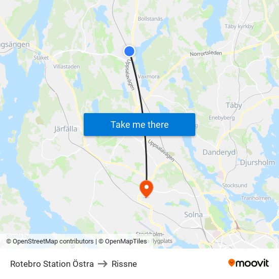 Rotebro Station Östra to Rissne map