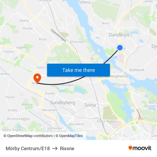 Mörby Centrum/E18 to Rissne map