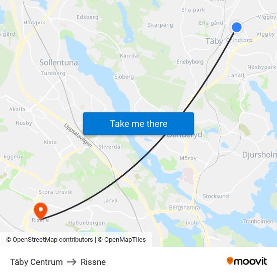 Täby Centrum to Rissne map