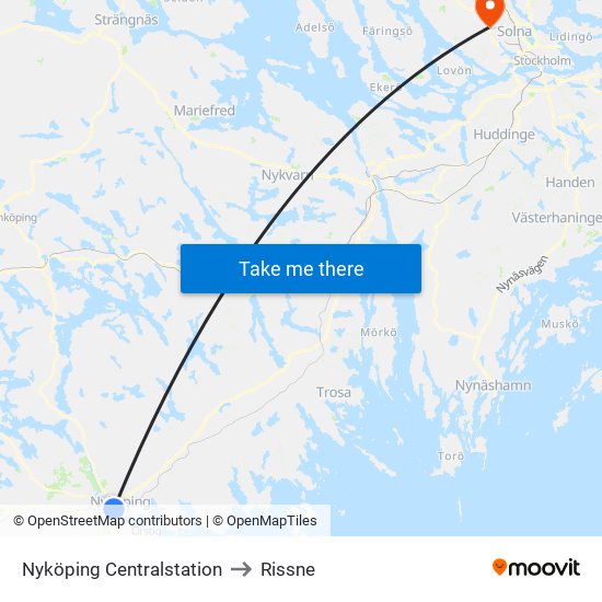 Nyköping Centralstation to Rissne map