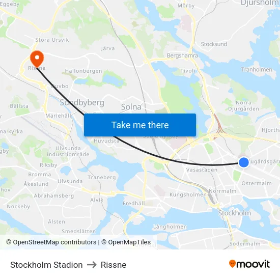 Stockholm Stadion to Rissne map