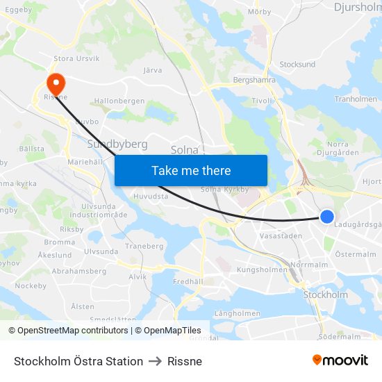 Stockholm Östra Station to Rissne map