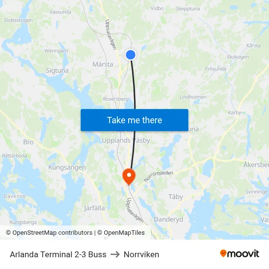 Arlanda Terminal 2-3 Buss to Norrviken map