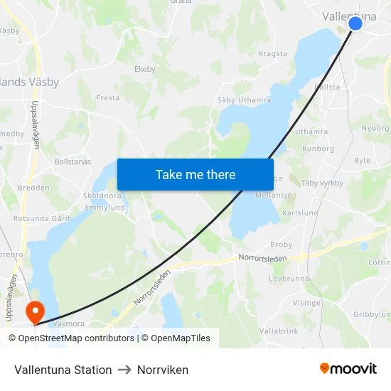 Vallentuna Station to Norrviken map
