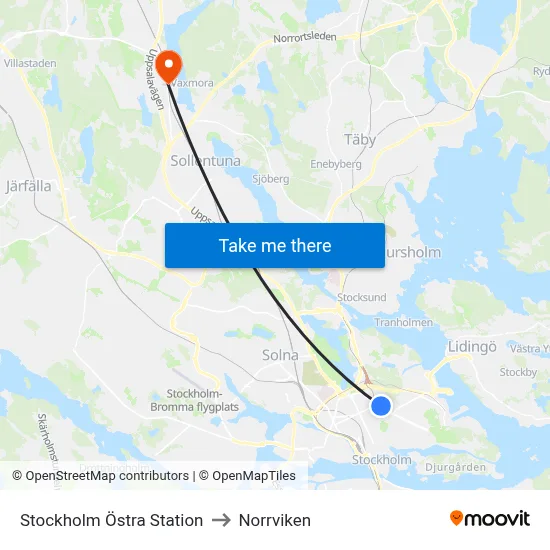 Stockholm Östra Station to Norrviken map