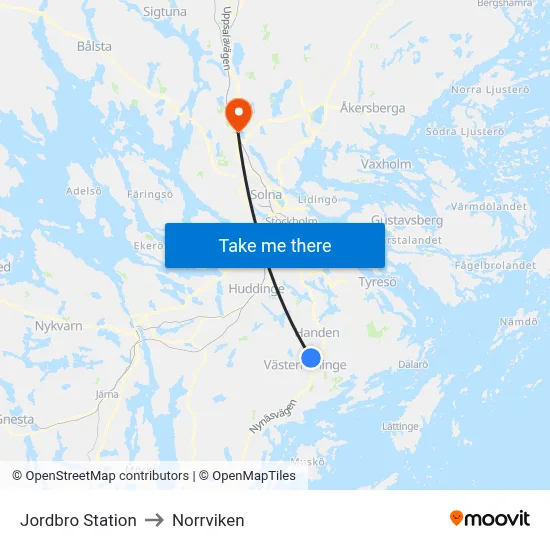 Jordbro Station to Norrviken map