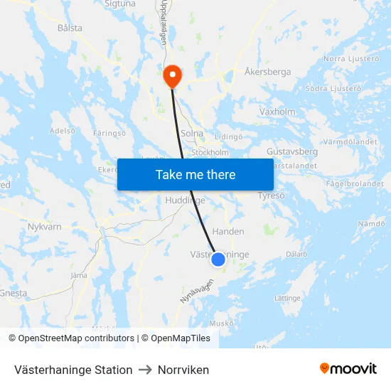 Västerhaninge Station to Norrviken map