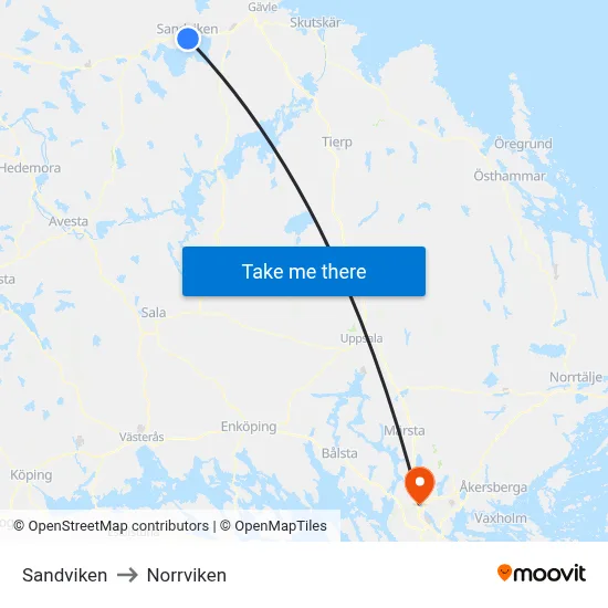 Sandviken to Norrviken map