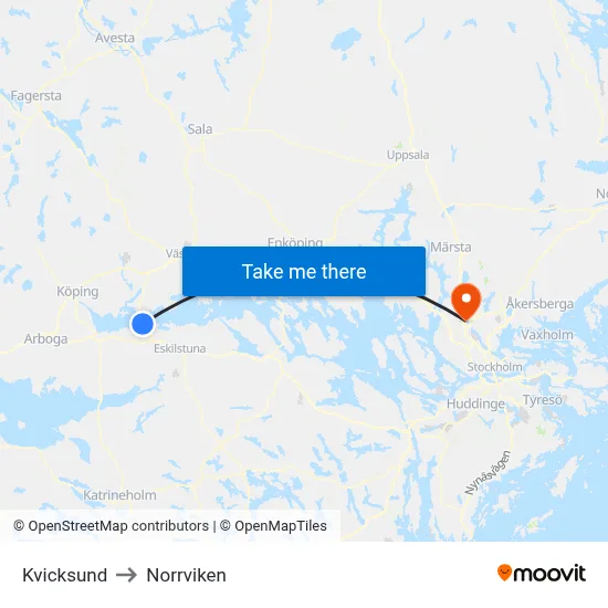Kvicksund to Norrviken map