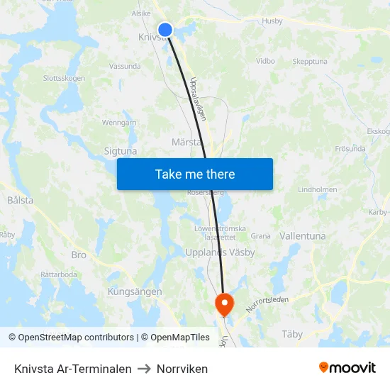 Knivsta Ar-Terminalen to Norrviken map