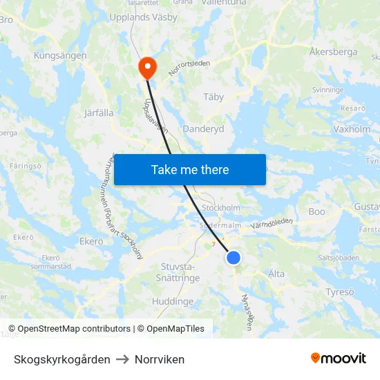 Skogskyrkogården to Norrviken map