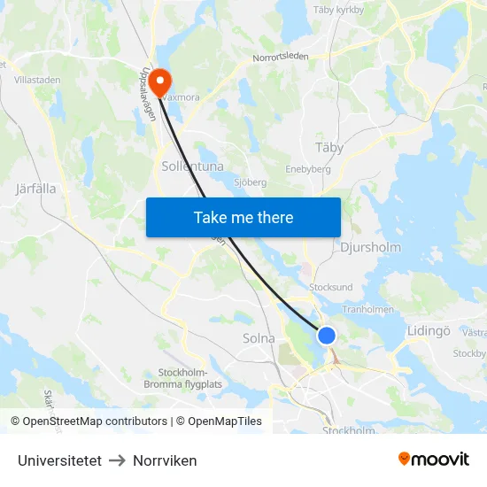 Universitetet to Norrviken map