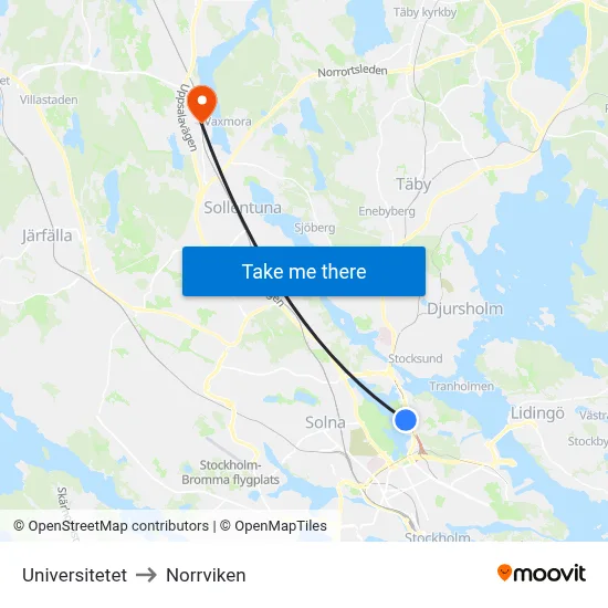 Universitetet to Norrviken map