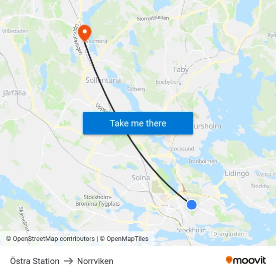 Östra Station to Norrviken map
