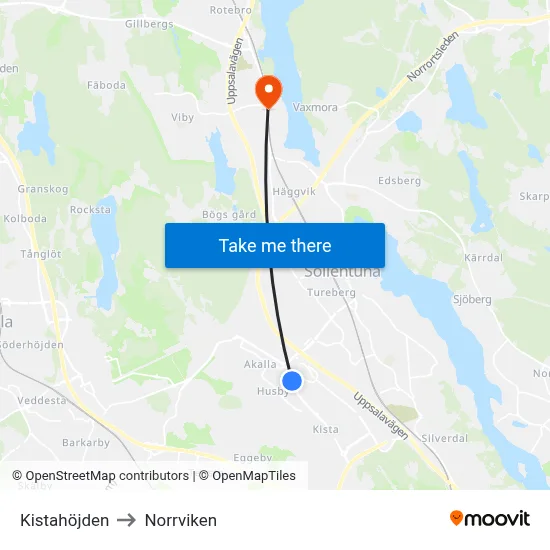Kistahöjden to Norrviken map