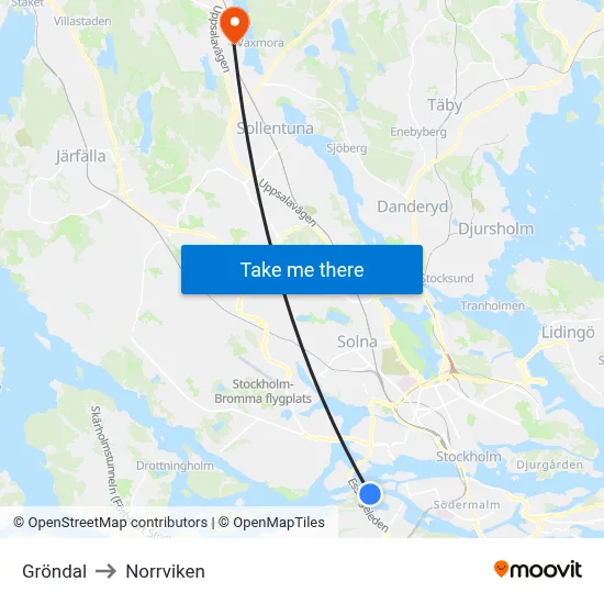 Gröndal to Norrviken map