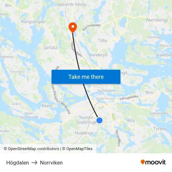 Högdalen to Norrviken map
