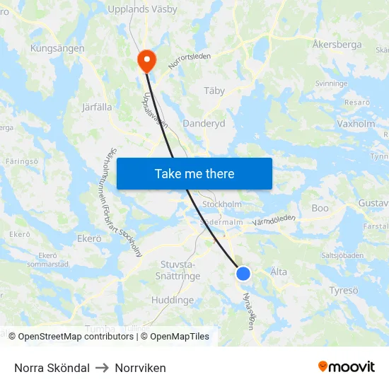 Norra Sköndal to Norrviken map