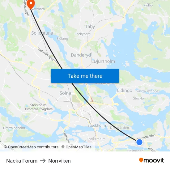 Nacka Forum to Norrviken map