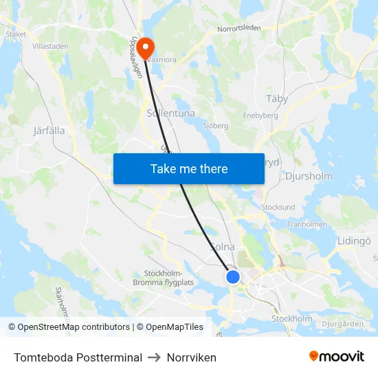 Tomteboda Postterminal to Norrviken map