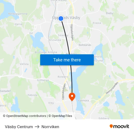 Väsby Centrum to Norrviken map