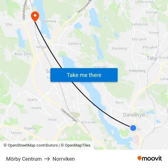 Mörby Centrum to Norrviken map